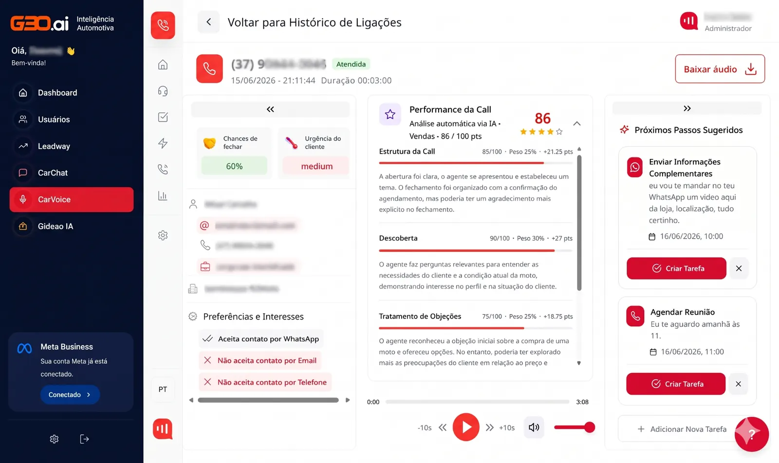 Interface do CarVoice analisando uma ligação com score de performance, próximos passos sugeridos e dados do cliente